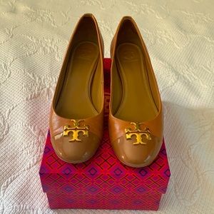 Tory Burch Tan Heels with Gold Logo